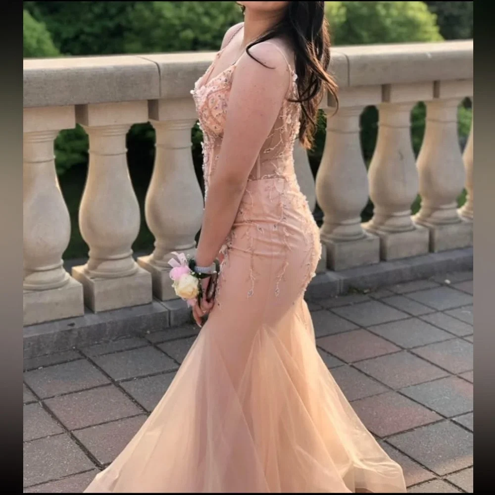 Jovani Blush Pink Mermaid Corset Fitted Prom Dress With Flowers Size 4 (Small) - Picture 5 of 8